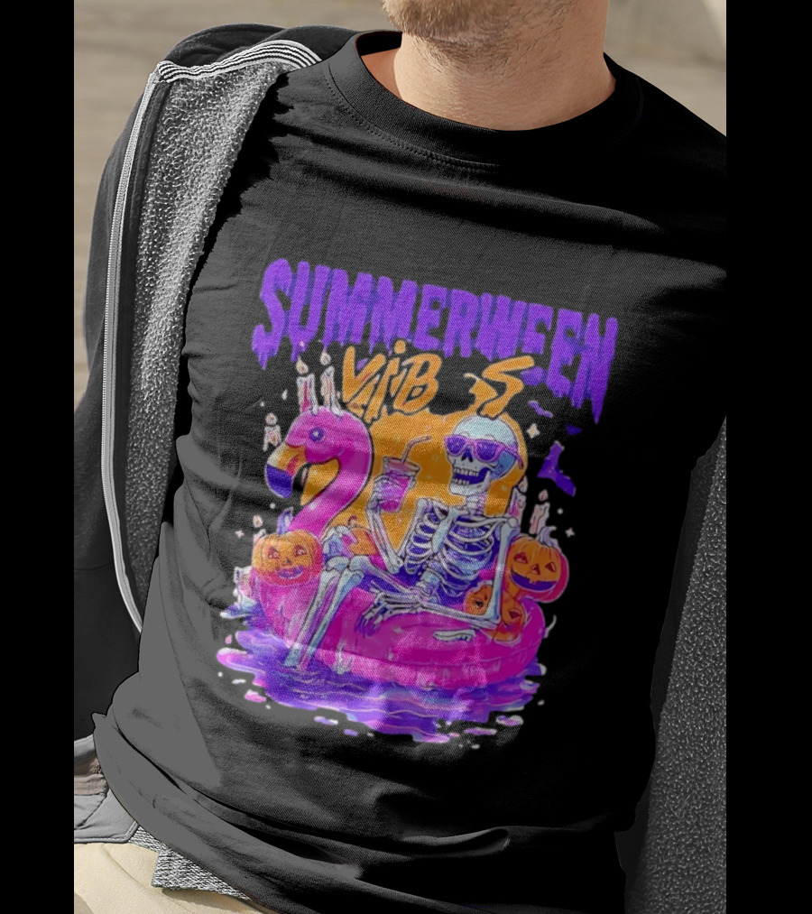 Summerween Vibes Skeleton On Flamingo With Pumpkins T-Shirt