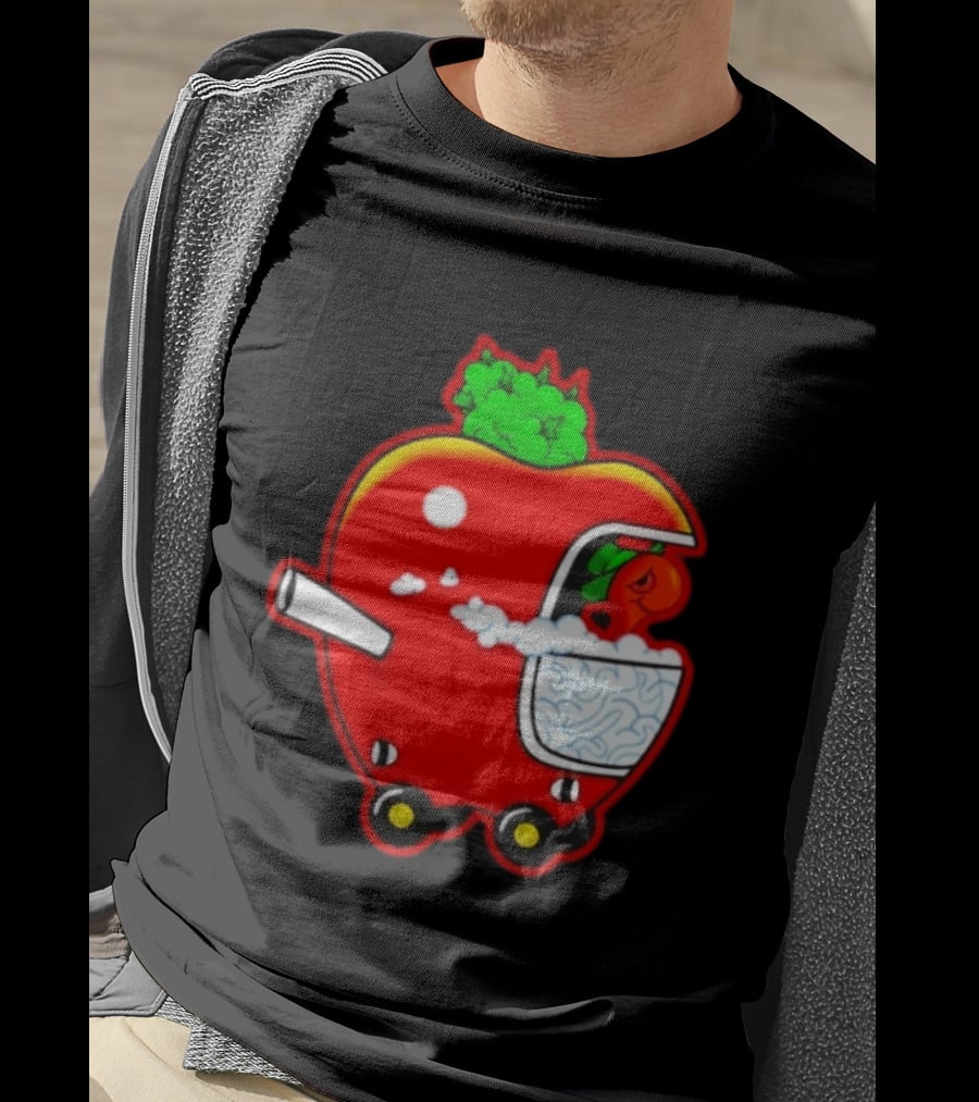 Smokey Worm Apple Cartoon Red Apple With Smoke And Wheels T-Shirt