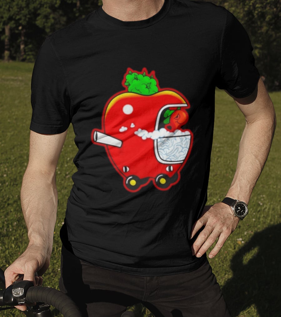 Smokey Worm Apple Cartoon Red Apple With Smoke And Wheels T-Shirt