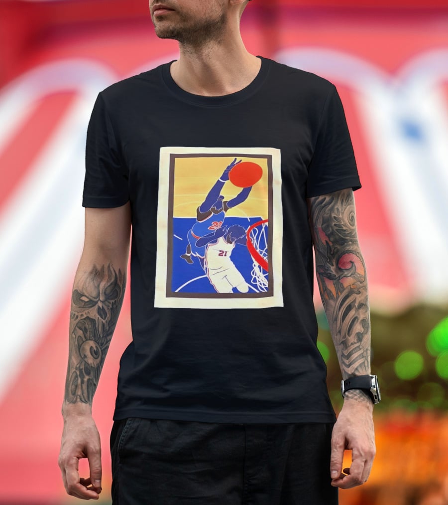 Mitchell Robinson 23 Dunking Joel Embiid 21 New York Knicks Basketball NBA 2026 T-Shirt