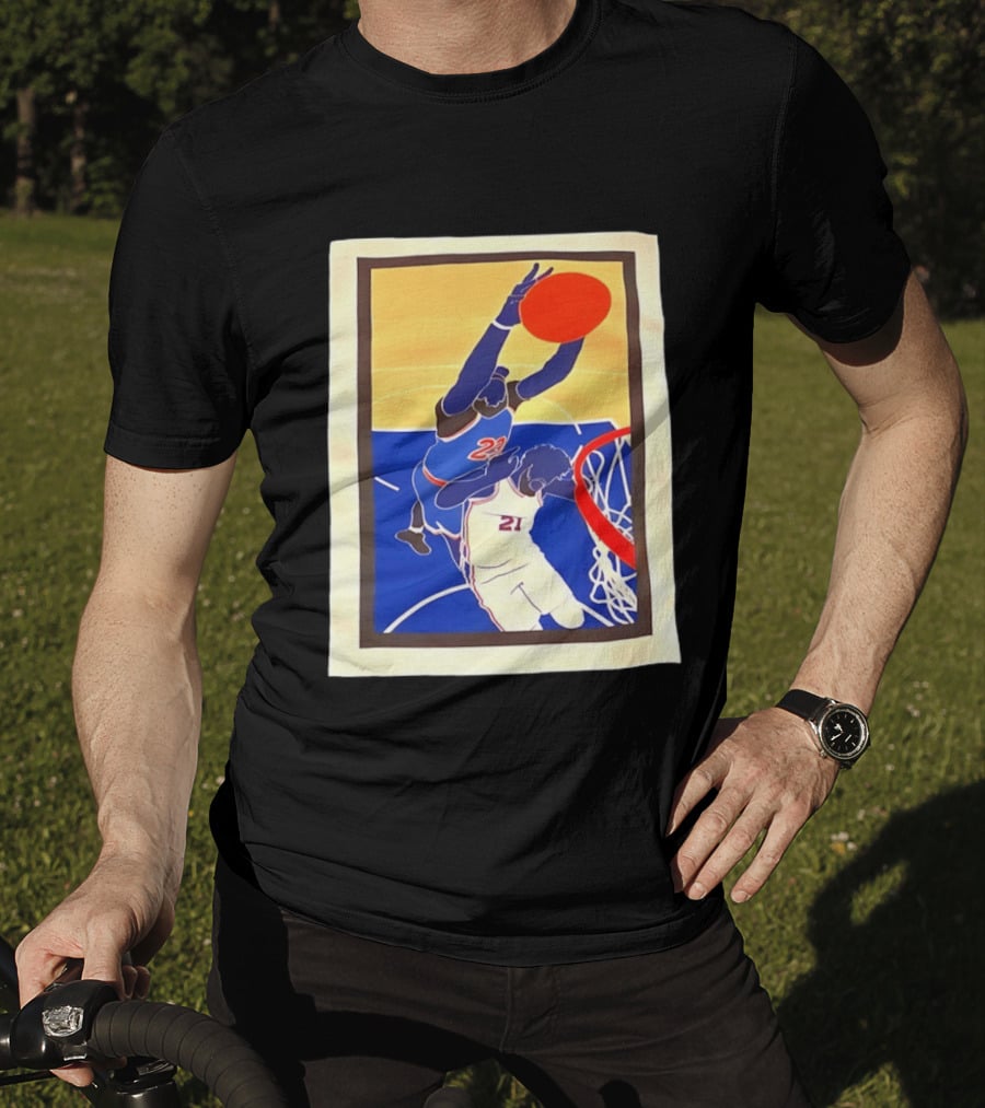 Mitchell Robinson 23 Dunking Joel Embiid 21 New York Knicks Basketball NBA 2026 T-Shirt