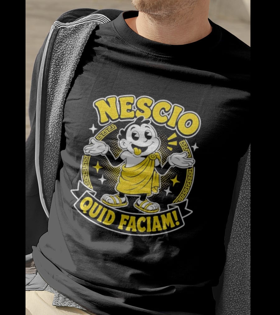Nescio Quid Faciam Cartoon Ancient Roman Character Greek Key Border T-Shirt