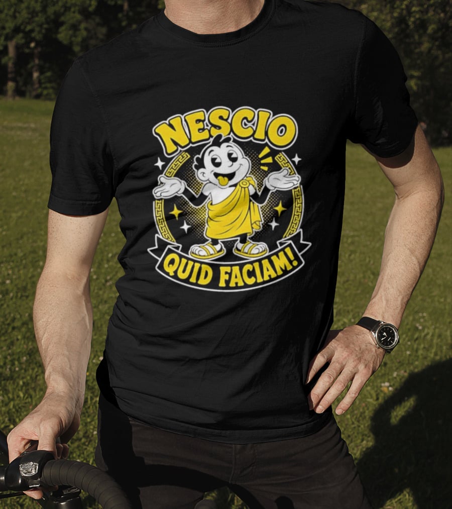 Nescio Quid Faciam Cartoon Ancient Roman Character Greek Key Border T-Shirt