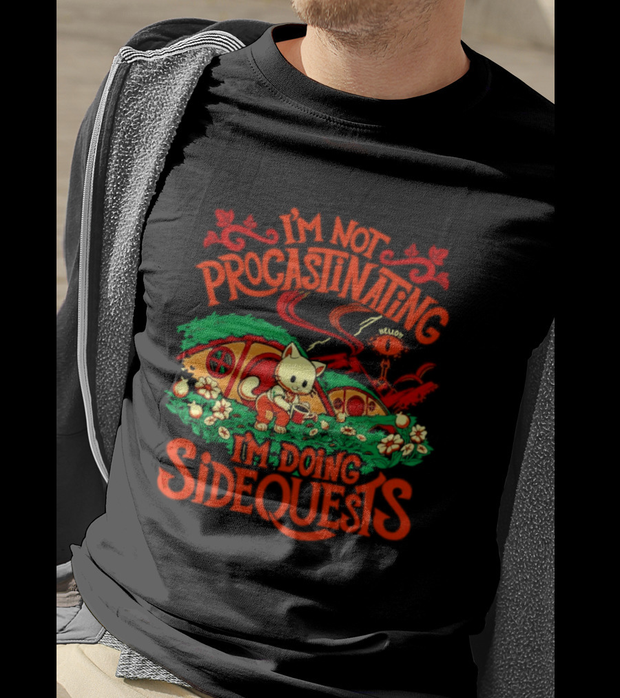 I'm Not Procrastinating I'm Doing Side Quests Cute Cat Adventure Scene T-Shirt