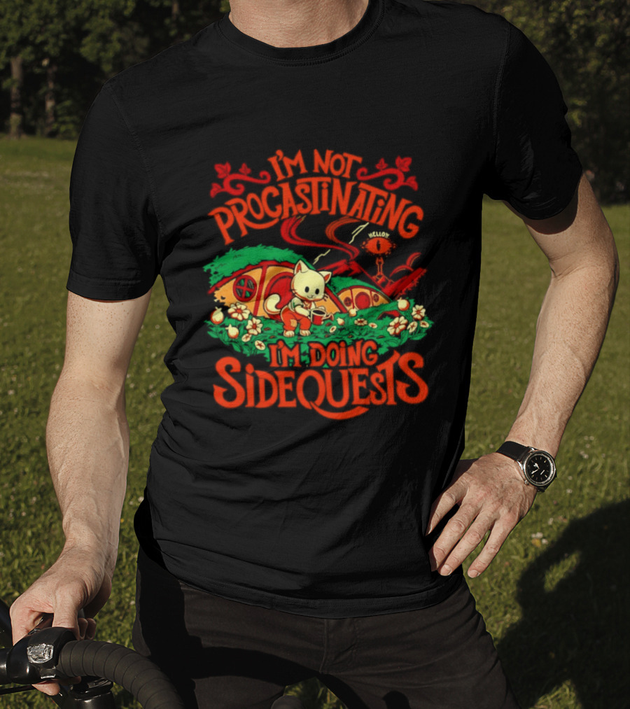 I'm Not Procrastinating I'm Doing Side Quests Cute Cat Adventure Scene T-Shirt