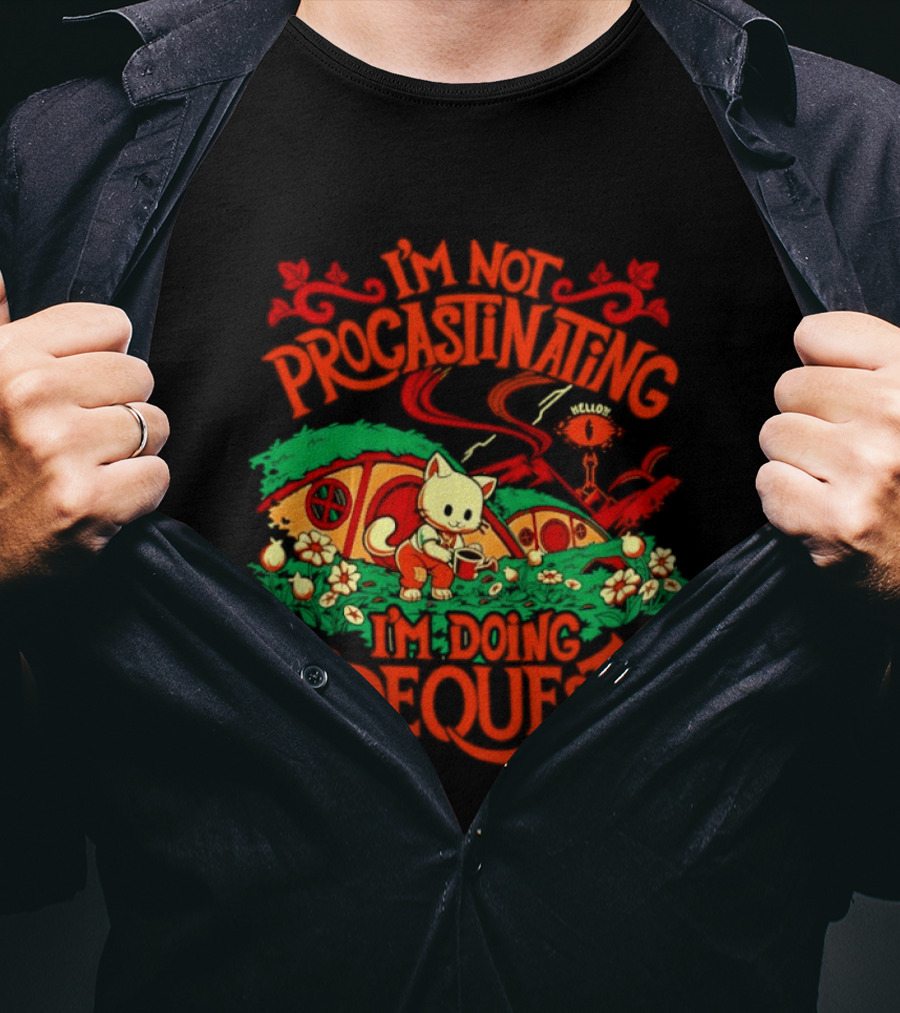 I'm Not Procrastinating I'm Doing Side Quests Cute Cat Adventure Scene T-Shirt