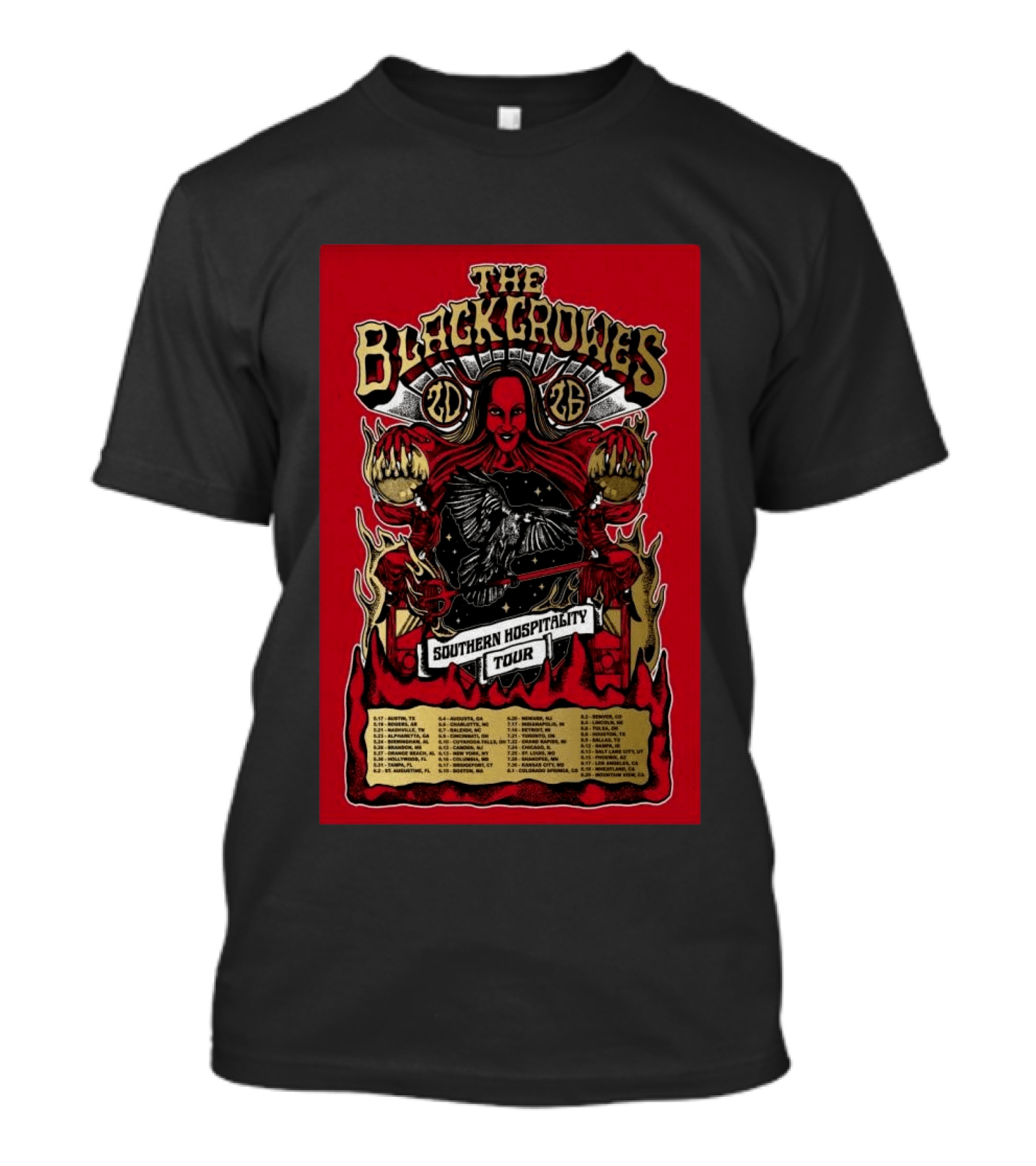 The Black Crowes Southern Hospitality Tour 2026 Red Background Gothic Crow Imagery Vintage Band Tour Dates T-Shirt