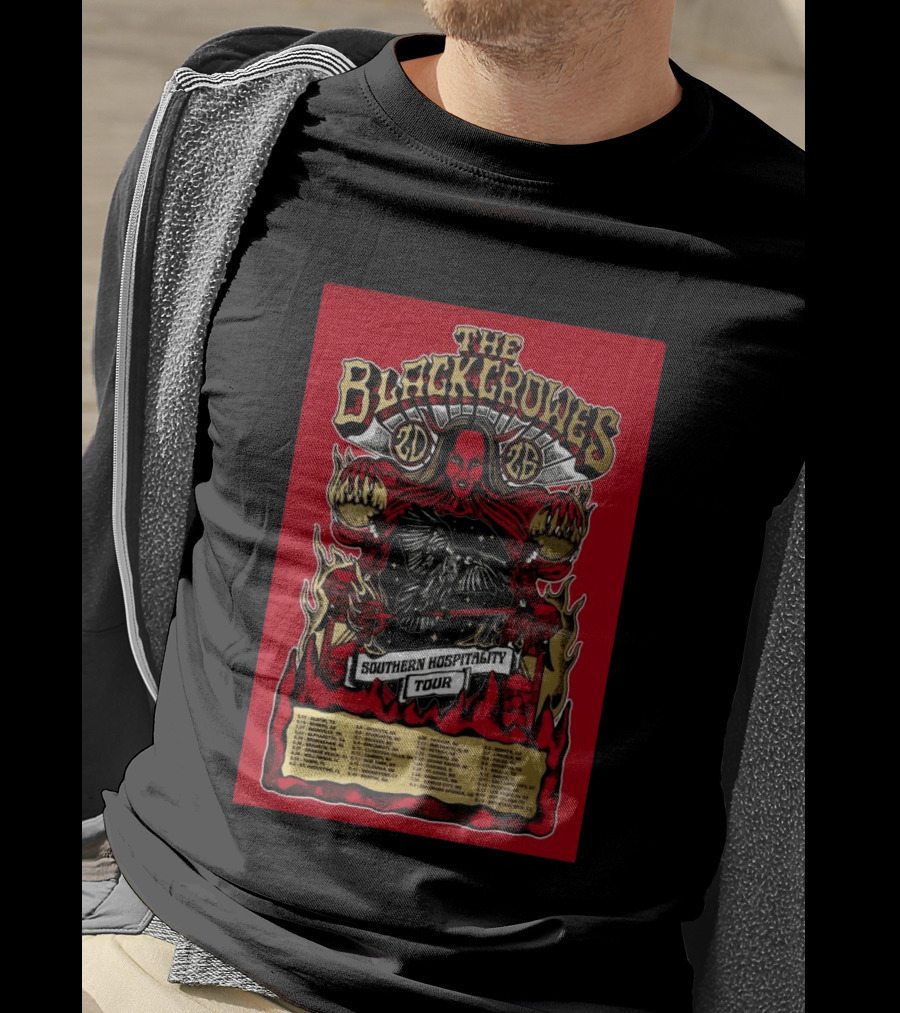 The Black Crowes Southern Hospitality Tour 2026 Red Background Gothic Crow Imagery Vintage Band Tour Dates T-Shirt