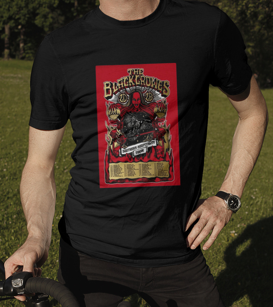 The Black Crowes Southern Hospitality Tour 2026 Red Background Gothic Crow Imagery Vintage Band Tour Dates T-Shirt