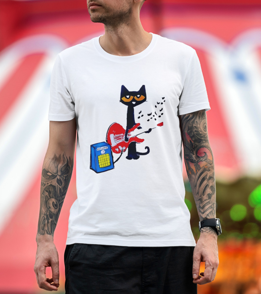 Pete The Cat Playing Red Guitar With Volume Amplifier Music Notes T-Shirt