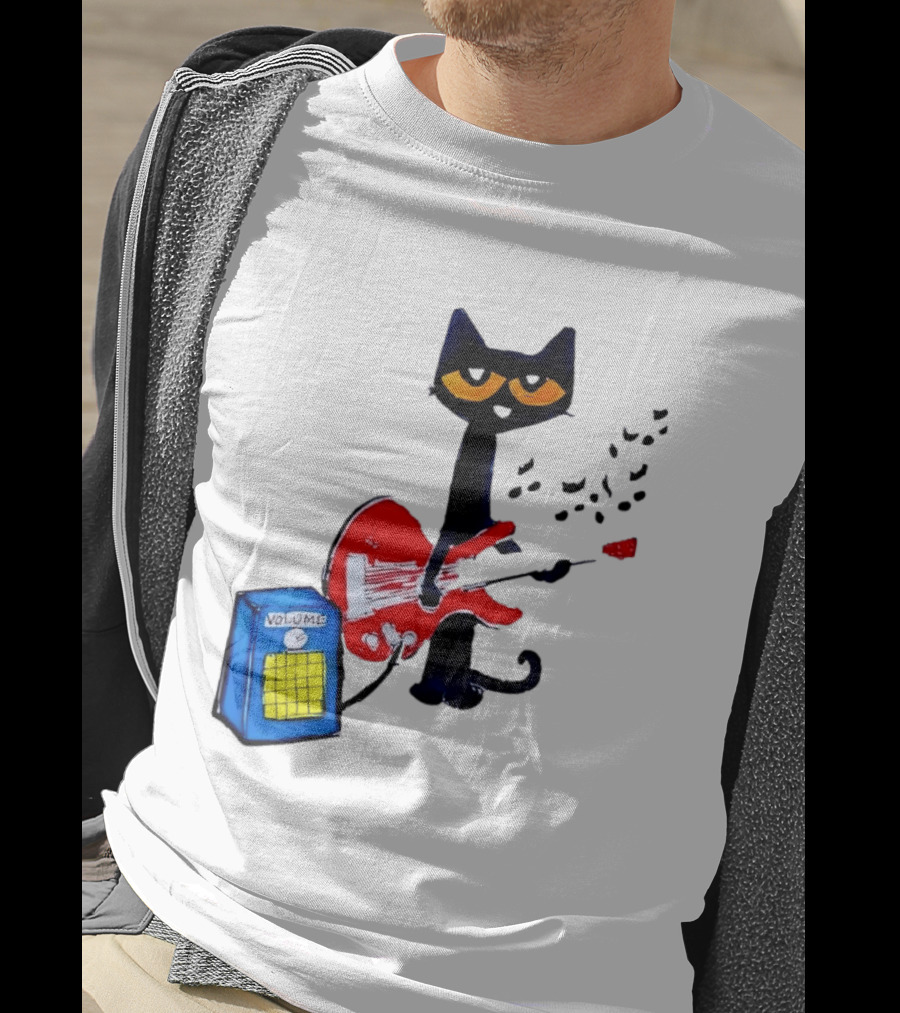 Pete The Cat Playing Red Guitar With Volume Amplifier Music Notes T-Shirt
