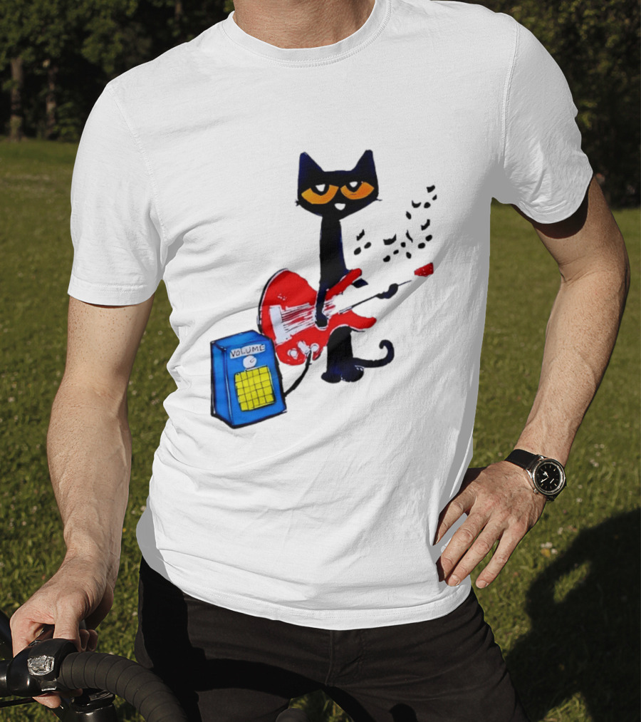 Pete The Cat Playing Red Guitar With Volume Amplifier Music Notes T-Shirt