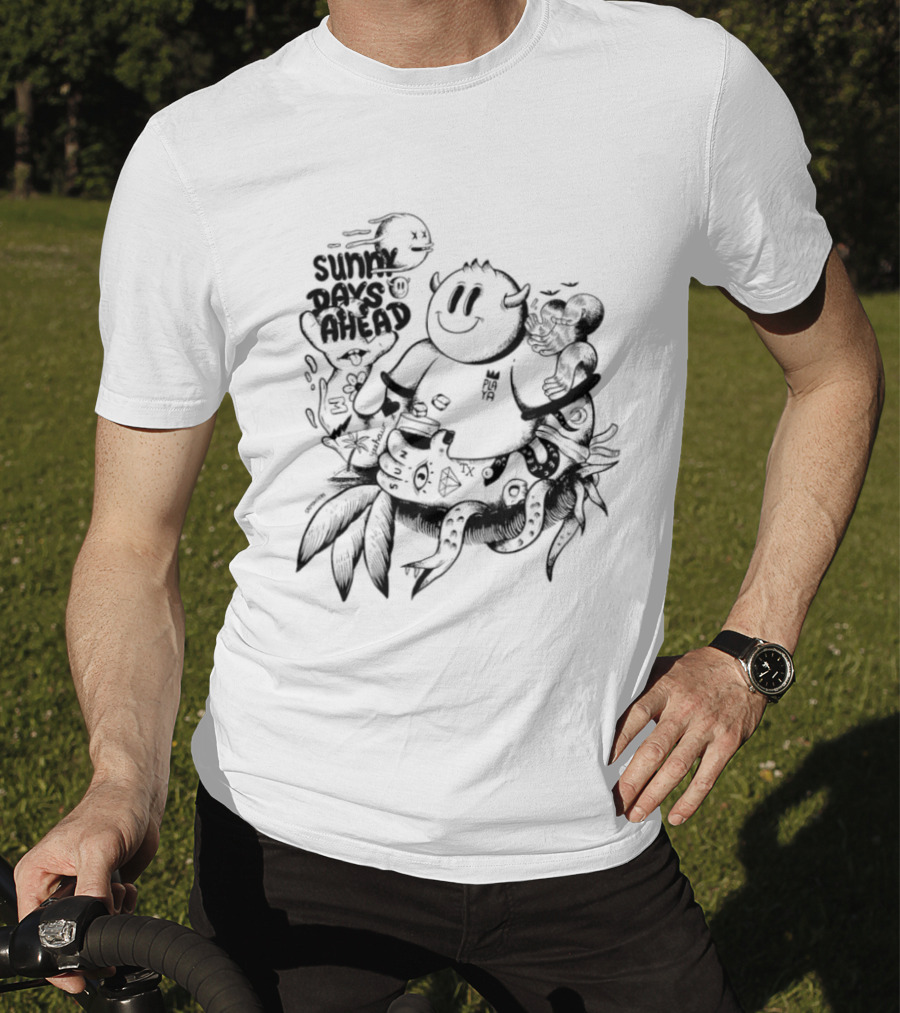 Sunny Days Ahead Monster Doodle Happy Cartoon Character With Flowers T-Shirt