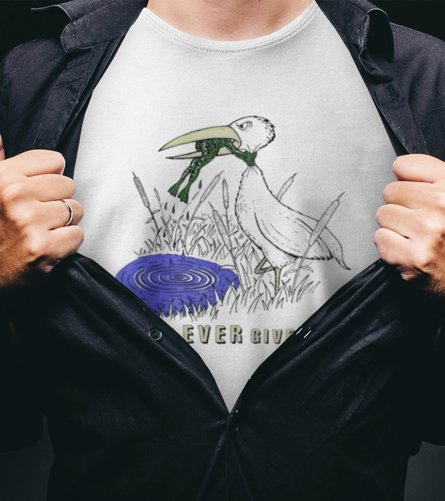 Frog Vs Bird Struggle Never Give Up Inspiring Cartoon Scene T-Shirt