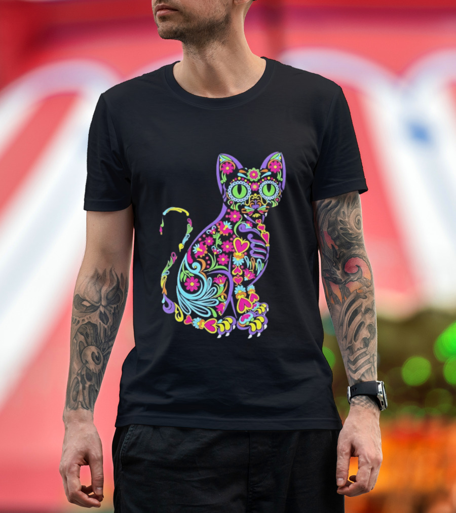 Sugar Skull Cat With Vibrant Floral T-Shirt