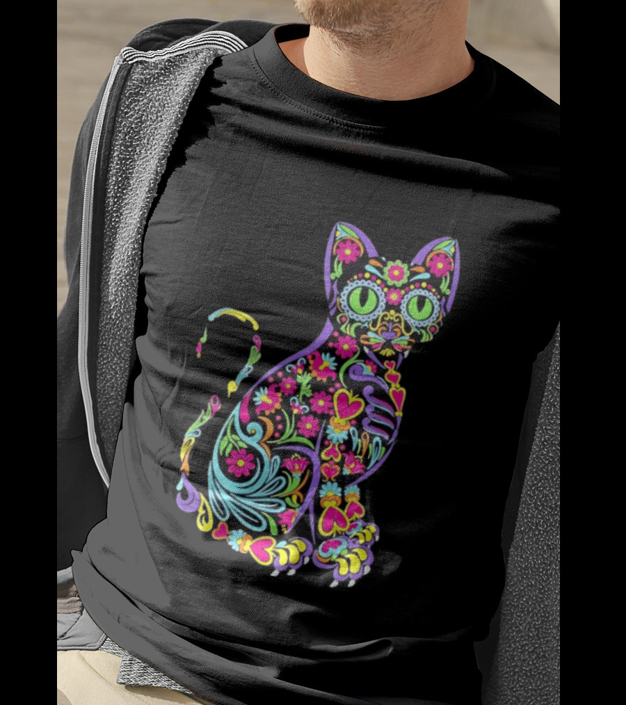 Sugar Skull Cat With Vibrant Floral T-Shirt