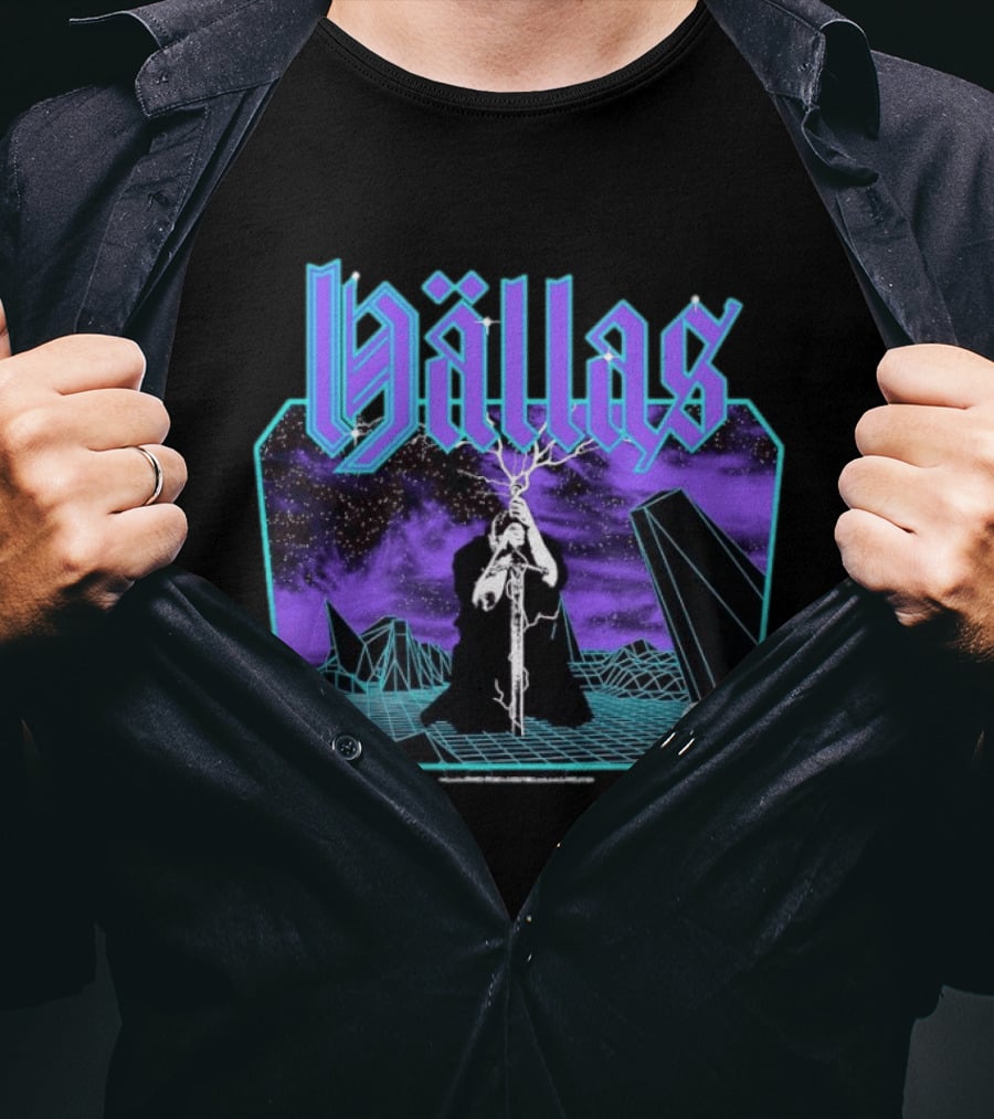 Hallas Electric Quest Sword Lightning Venture Rocks Purple Sky T-Shirt