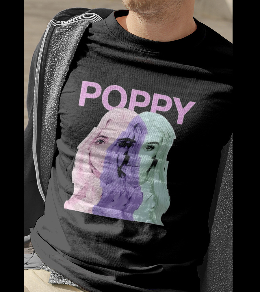 Poppy Digital Muse Glitch Faces Tricolor T-Shirt