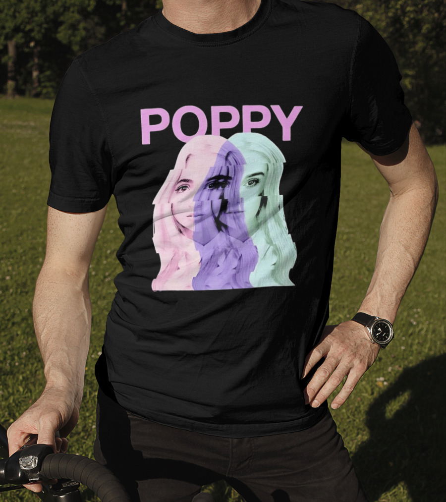 Poppy Digital Muse Glitch Faces Tricolor T-Shirt