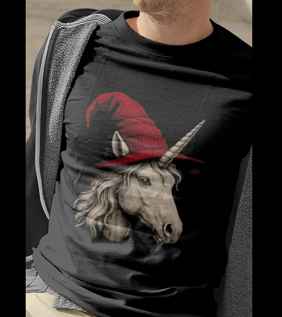 Unicorn With Red Wizard Witch Hat Beanie T-Shirt