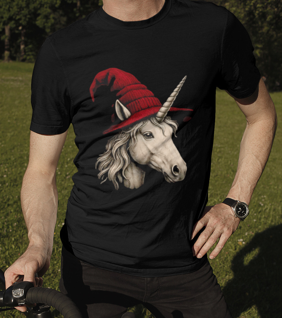 Unicorn With Red Wizard Witch Hat Beanie T-Shirt