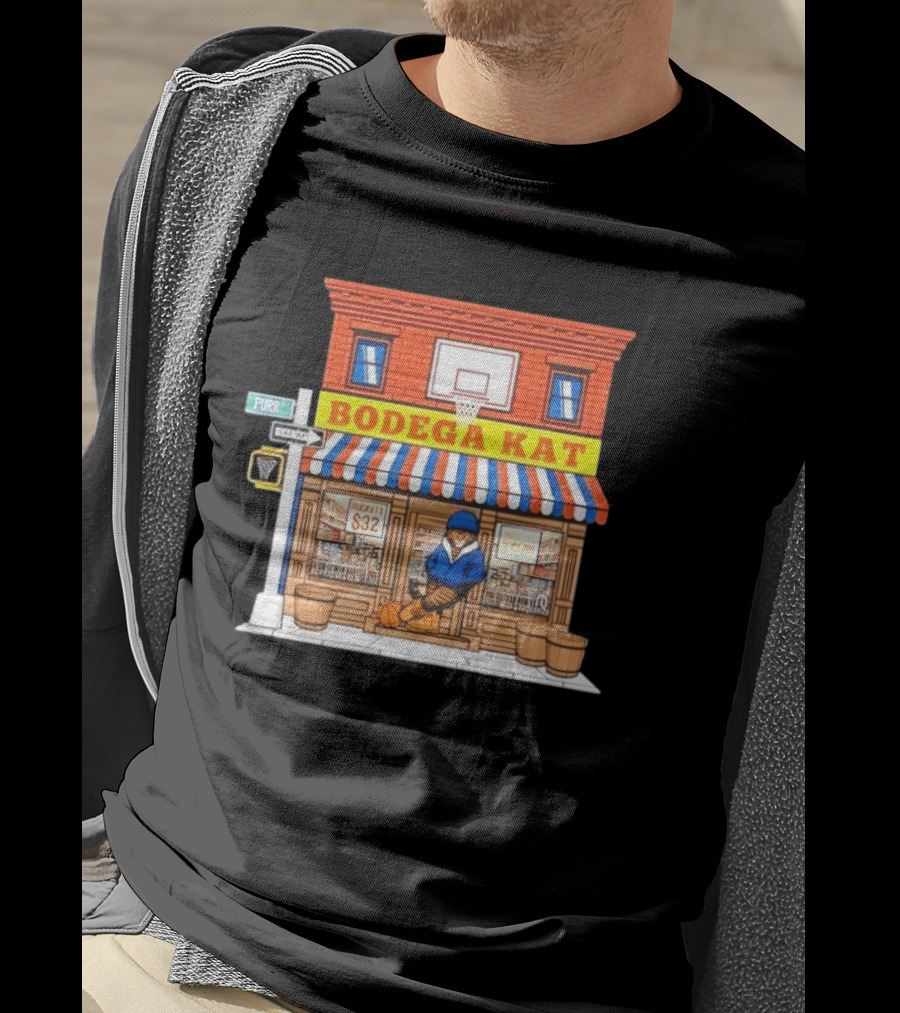 Bodega KAT New York Knicks Basketball Street Scene Purr Street Sign T-Shirt