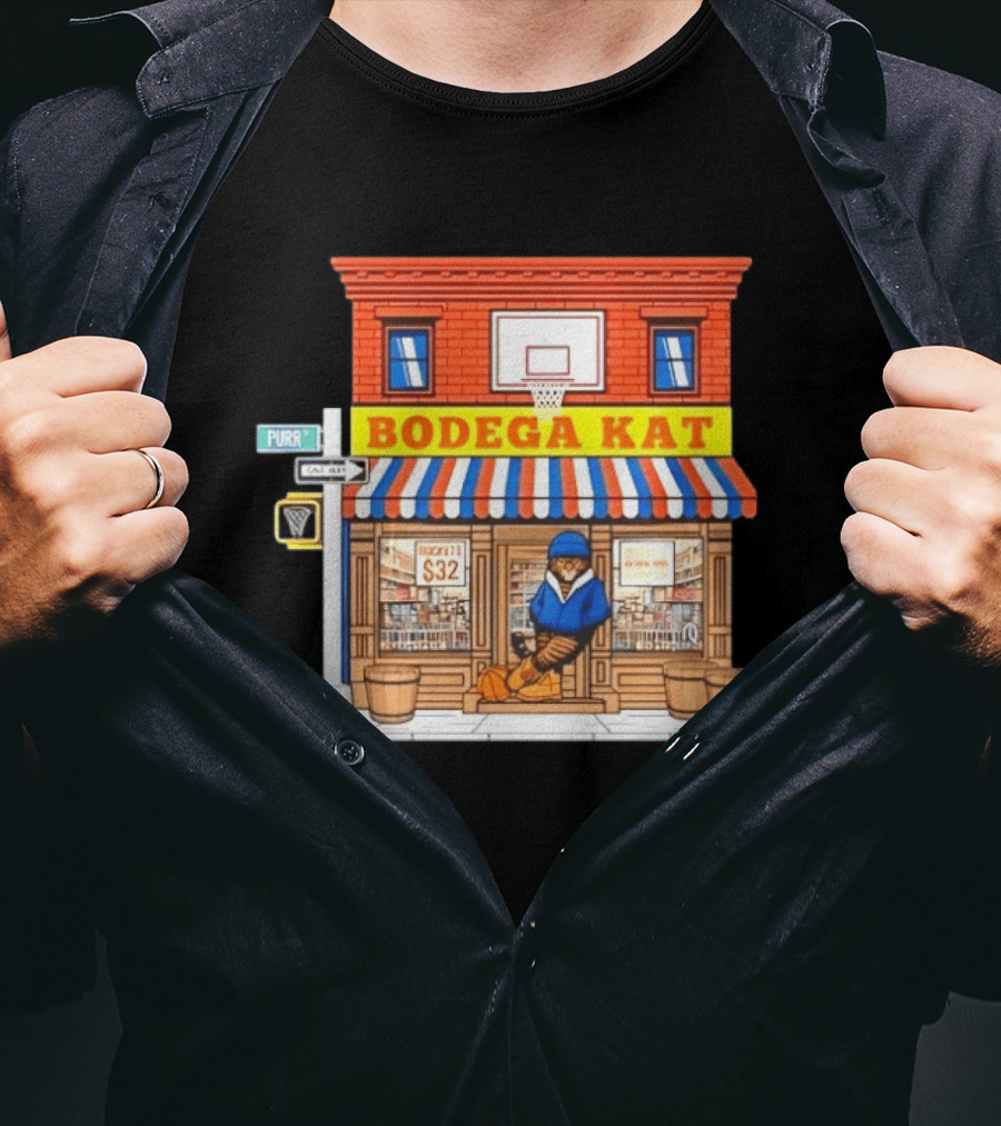 Bodega KAT New York Knicks Basketball Street Scene Purr Street Sign T-Shirt