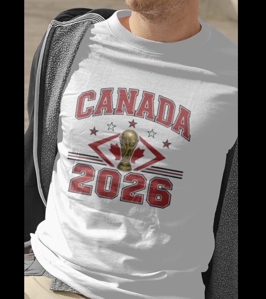Canada 2026 Football World Cup Trophy And Maple Leaf T-Shirt