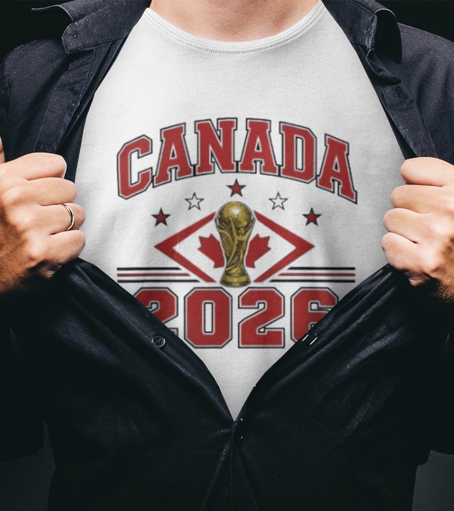 Canada 2026 Football World Cup Trophy And Maple Leaf T-Shirt
