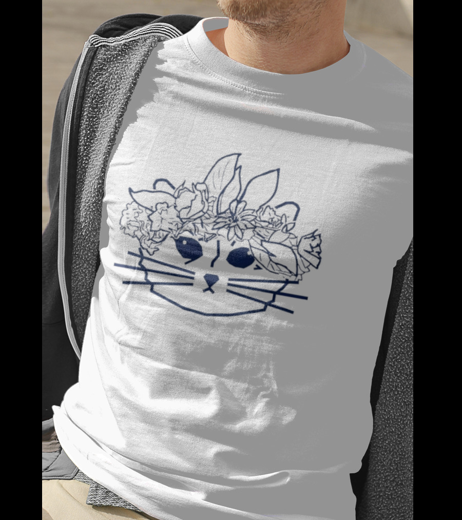 Floral Crown Cat Lover Line Art Whiskers Flowers Leaves T-Shirt