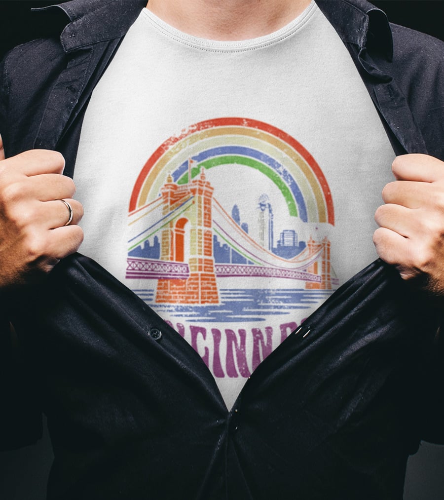 Cincinnati Roebling Bridge Rainbow Skyline Proud Of Our City T-Shirt