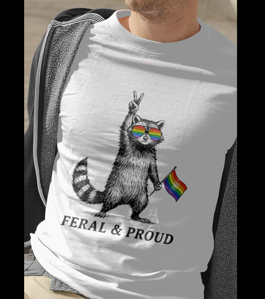 Feral And Proud Raccoon Peace Sign Rainbow Sunglasses Flag T-Shirt