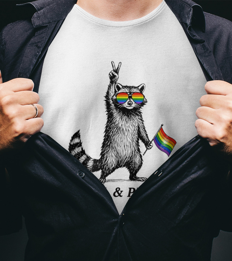 Feral And Proud Raccoon Peace Sign Rainbow Sunglasses Flag T-Shirt