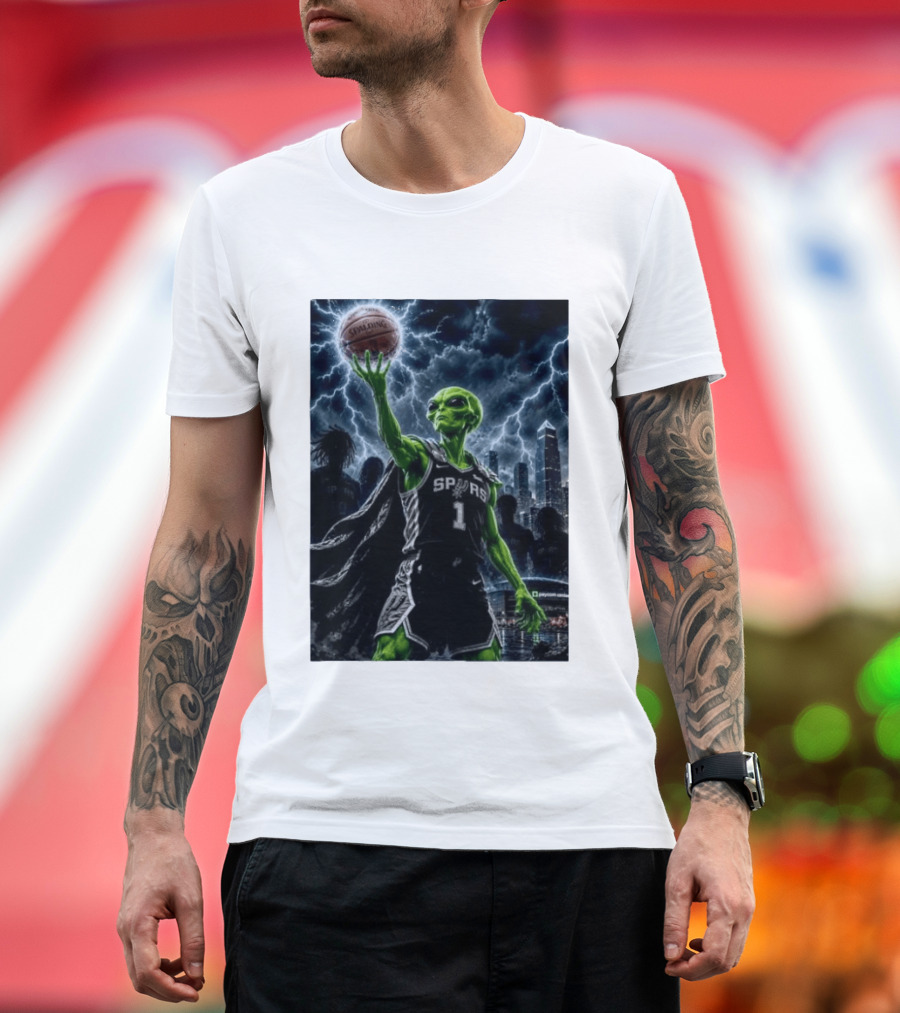 NBA Spurs Alien Spalding Basketball Hovering In Stormy City Skyline T-Shirt
