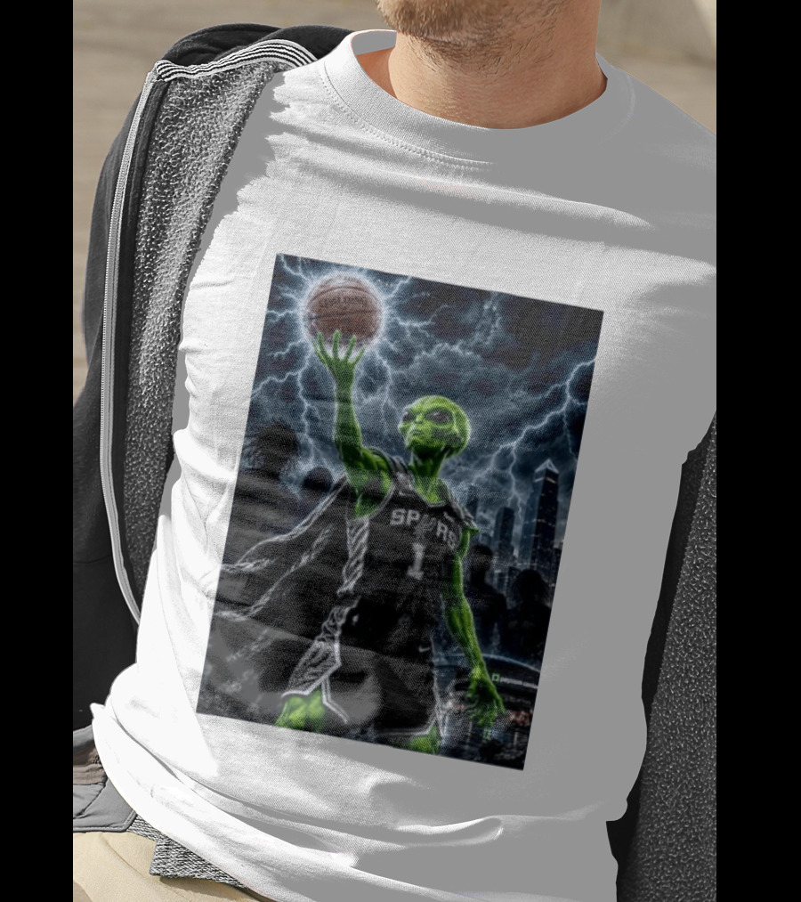 NBA Spurs Alien Spalding Basketball Hovering In Stormy City Skyline T-Shirt