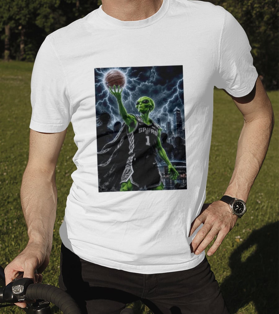 NBA Spurs Alien Spalding Basketball Hovering In Stormy City Skyline T-Shirt