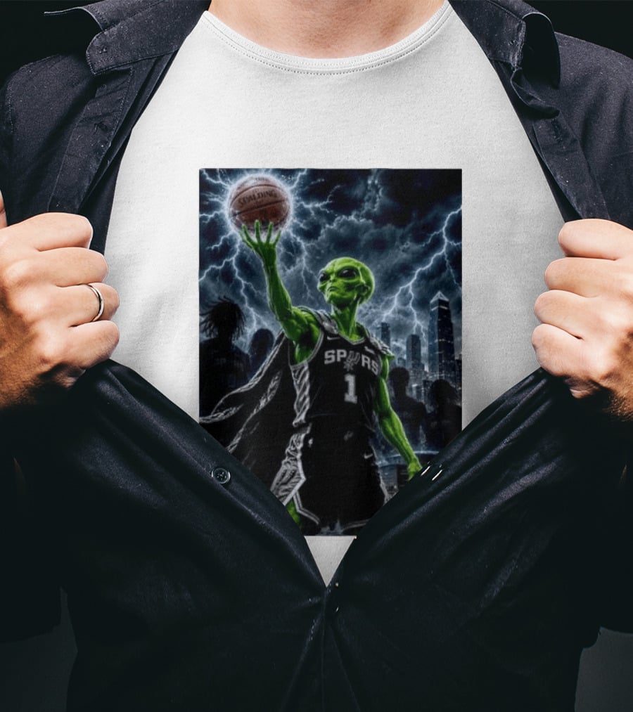 NBA Spurs Alien Spalding Basketball Hovering In Stormy City Skyline T-Shirt