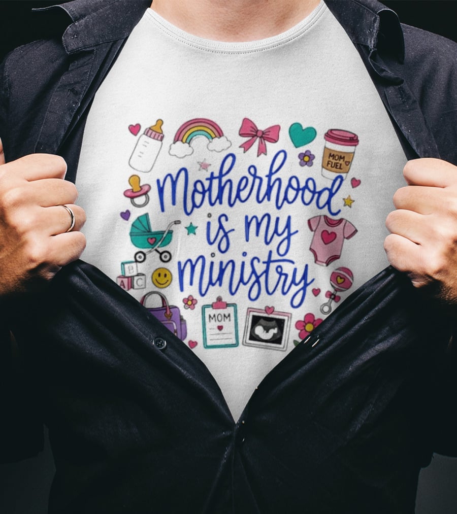 Motherhood Is My Ministry Rainbow Baby Shower Mom Fuel Icons And Baby Essentials T-Shirt