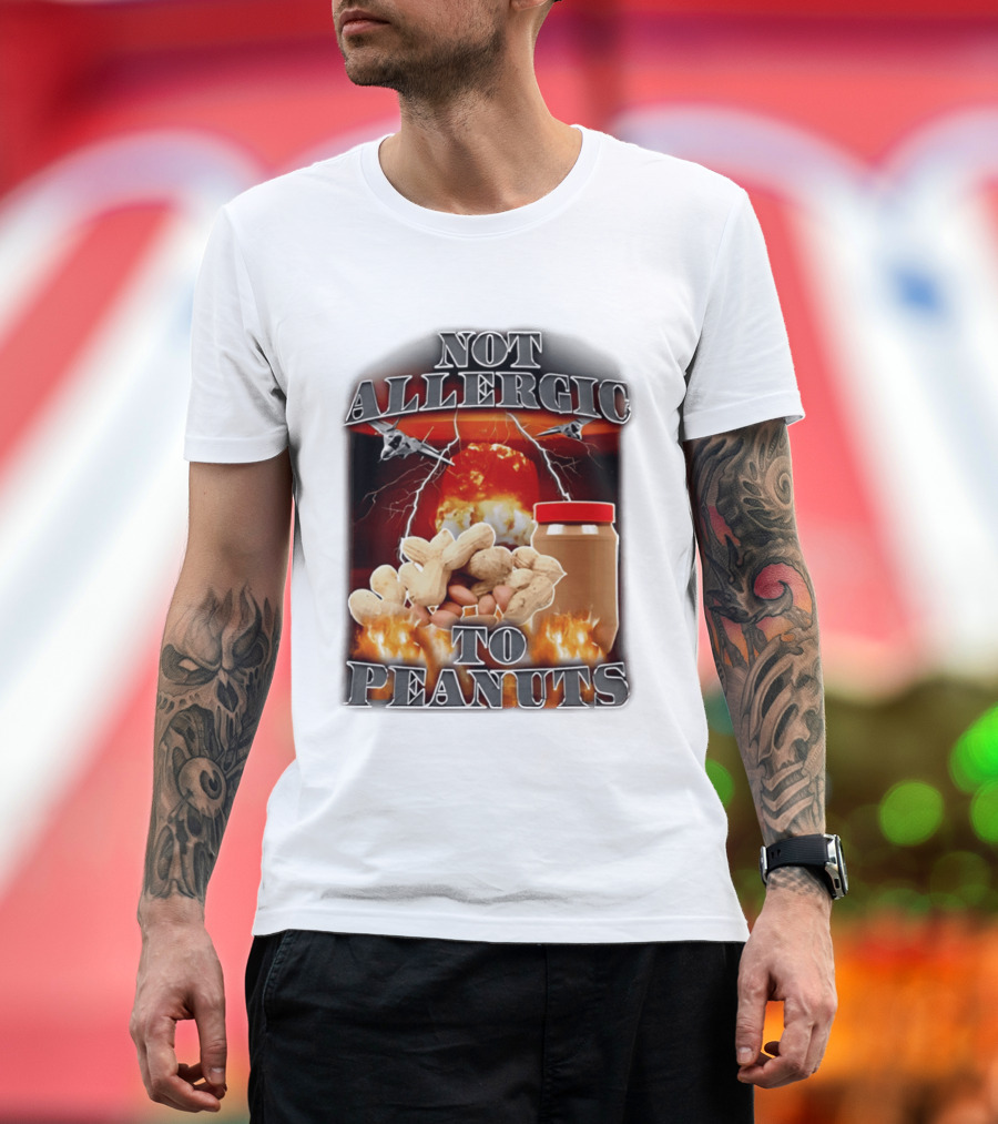 Not Allergic To Peanuts Jar With Explosive Background And Fighter Jets T-Shirt