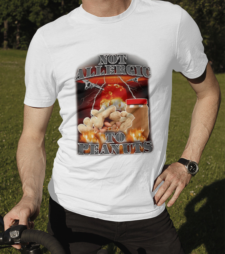 Not Allergic To Peanuts Jar With Explosive Background And Fighter Jets T-Shirt