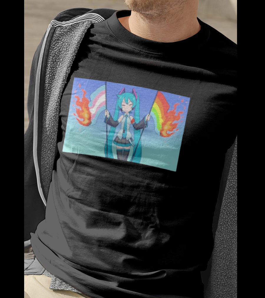 Anime Vocaloid Miku Holding Burning Transgender And Rainbow Flags Controversial Pride Month 2026 T-Shirt