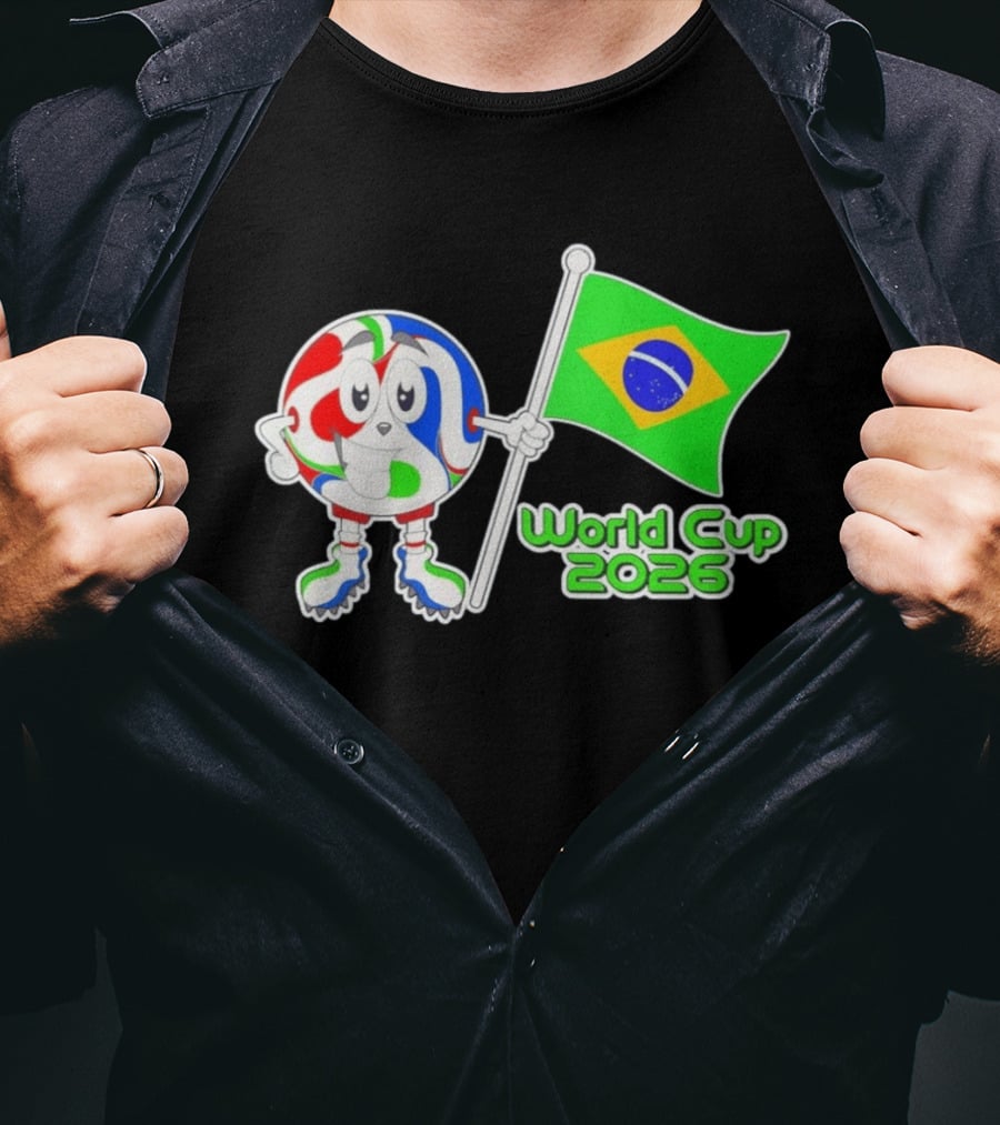 World Cup 2026 Cartoon Character With Brazil Flag Soccer Ball T-Shirt