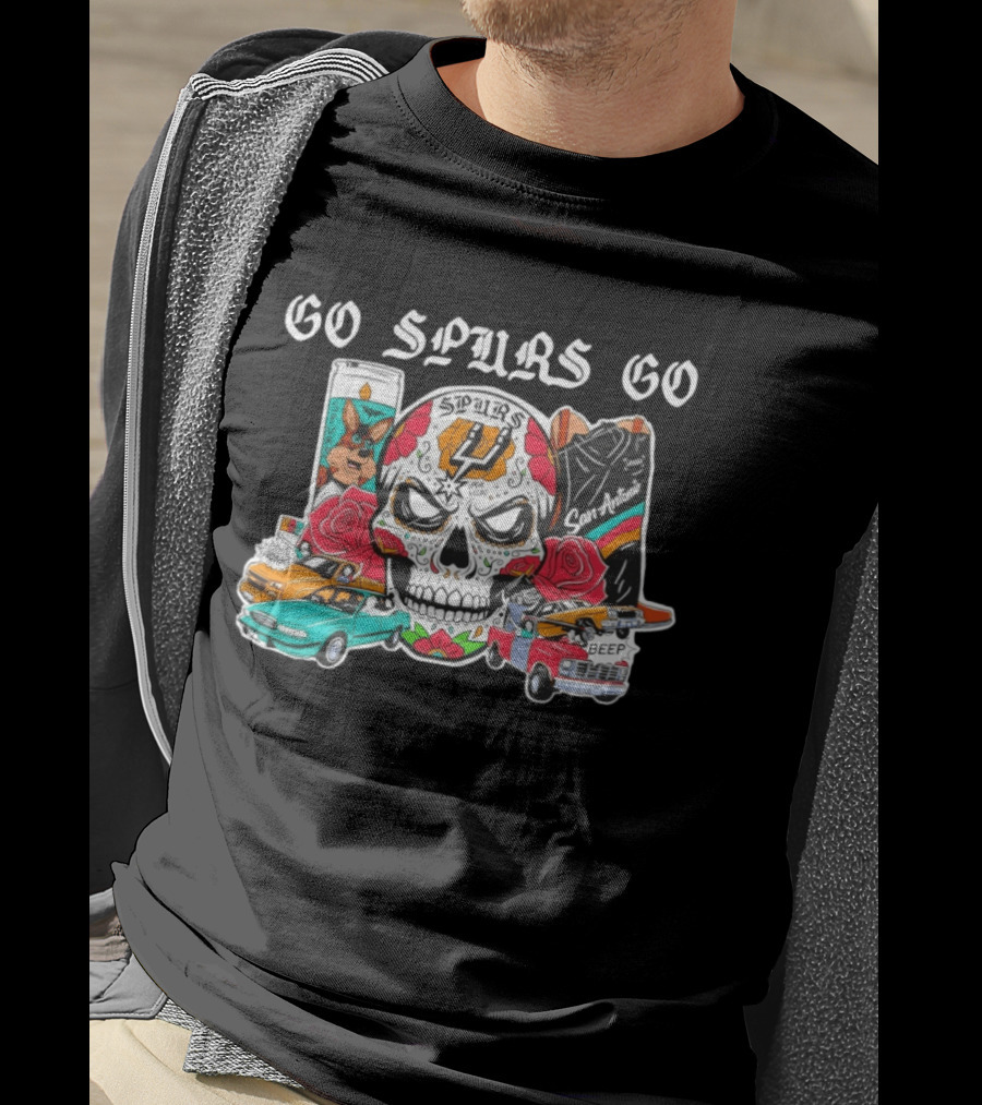 Go Spurs Go SAS Wemby Spurs The Alien Sugar Skull San Antonio Cars Roses T-Shirt