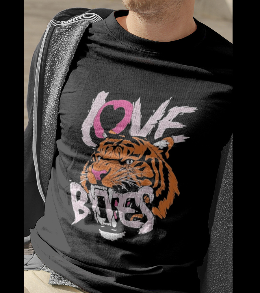 Love Bites Roaring Tiger Face Bold Pink And Orange T-Shirt
