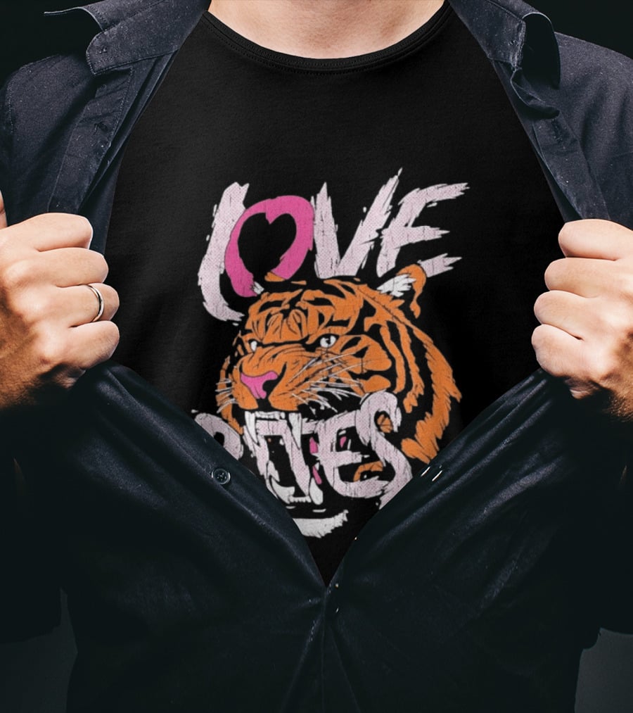Love Bites Roaring Tiger Face Bold Pink And Orange T-Shirt