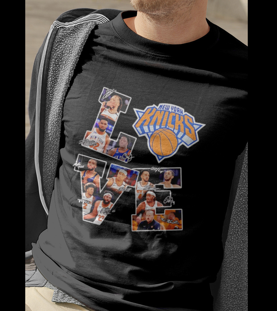 New York Knicks Players Autograph Collage Spelling LOVE With Iconic Team T-Shirt