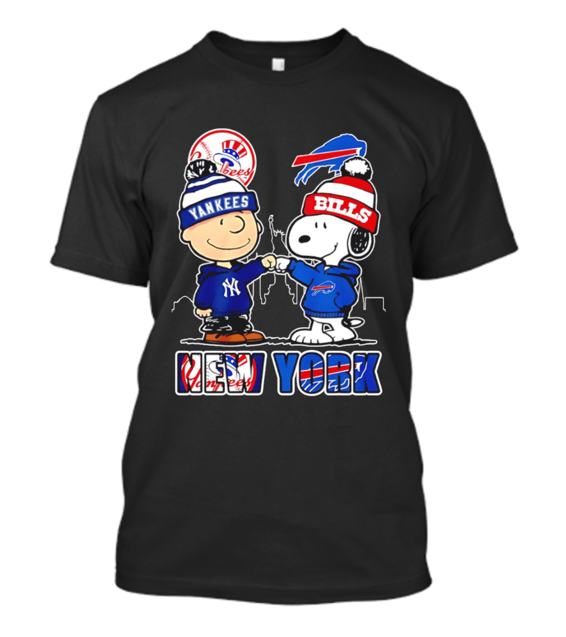 New York Yankees Buffalo Bills Charlie Brown Snoopy Fist Bump Skyline T-Shirt