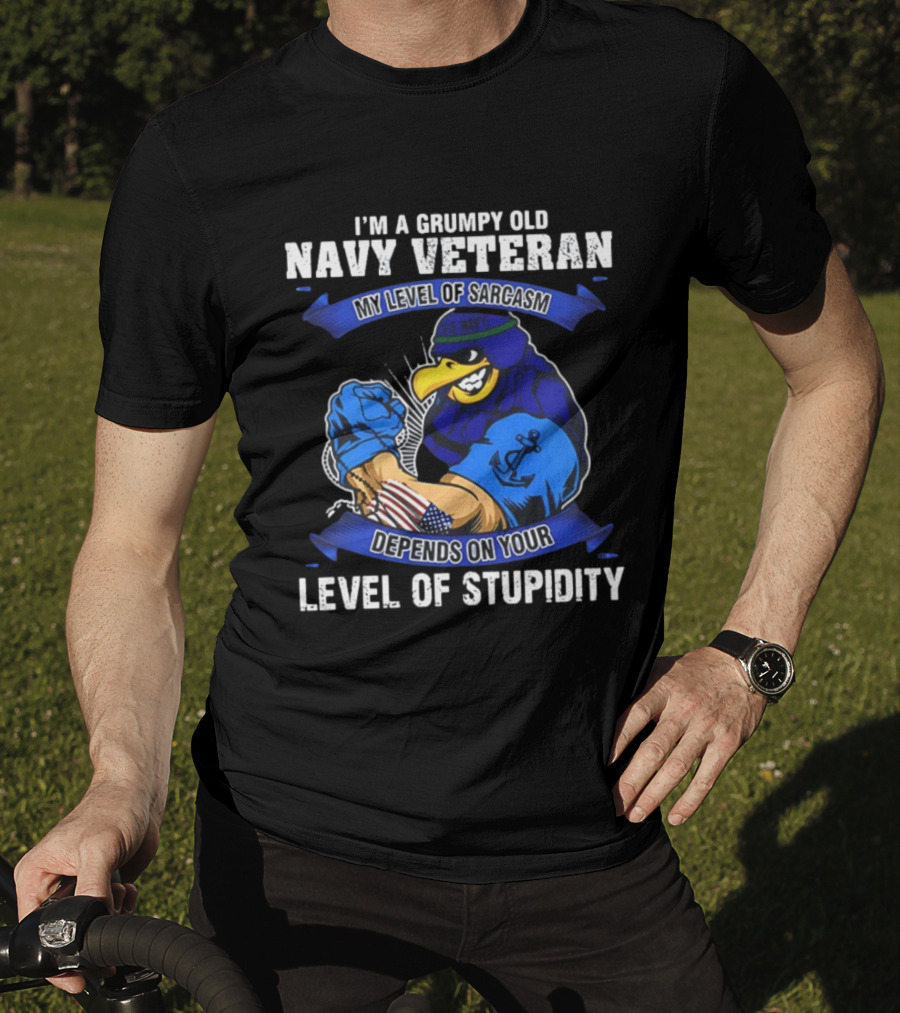 Grumpy Old Navy Veteran Sarcasm Stupidity Level Patriotic Eagle T-Shirt