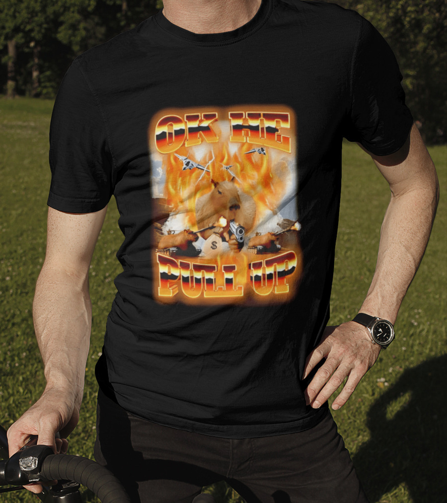 Ok He Pull Up Capybara Surrounded By Fire With Jets And Guns T-Shirt