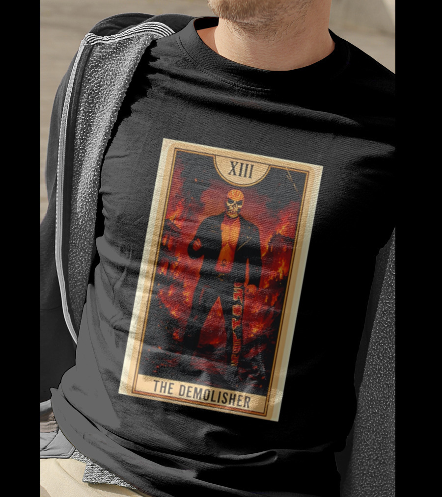 XIII The Demolisher Tarot Card Skull Masked Figure In Flames T-Shirt